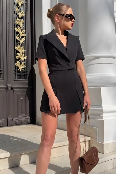 Compleu de Dama, din Doua Piese, Sacou cu Maneca Scurta si Fusta Pantalon, Nurra, Negru