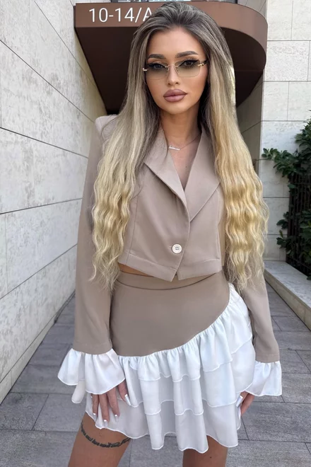 Compleu de Dama, din Doua Piese, Sacou Scurt cu Volane pe Tivul Manecilor In Contrast si Fusta cu Poplin Asimetrica, Jasminne, Alb-Bej