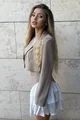 Compleu de Dama, din Doua Piese, Sacou Scurt cu Volane pe Tivul Manecilor In Contrast si Fusta cu Poplin Asimetrica, Jasminne, Alb-Bej