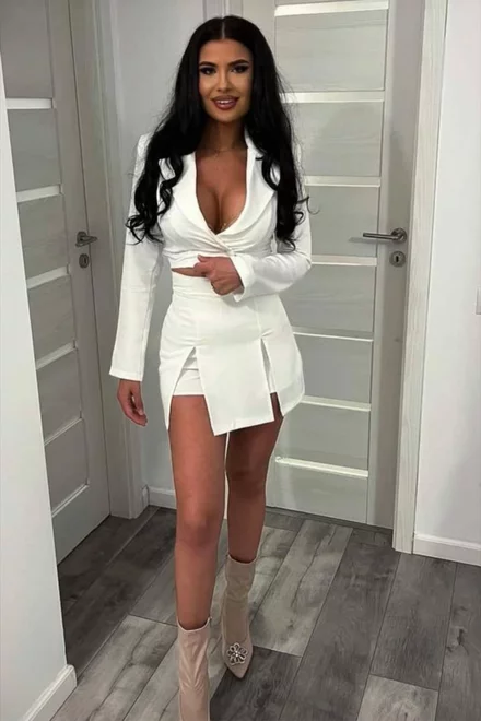 Compleu de Dama, din Doua Piese, Sacou Scurt si Fusta Mulata cu Crapaturi, Isabell, Ivoire