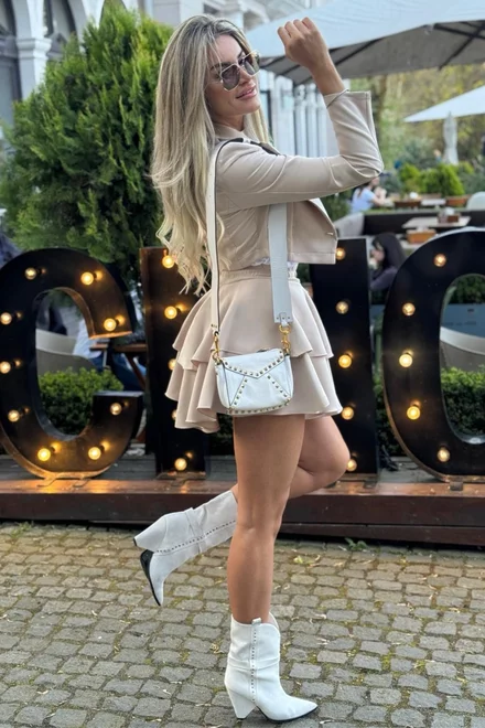 Compleu de Dama, din Doua Piese, Sacou Scurt si Fusta Pantalon in Clini, Atena, Bej