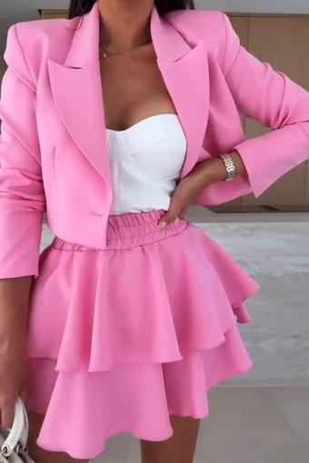Compleu de Dama, din Doua Piese, Sacou Scurt si Fusta Pantalon in Clini, Creams, Fuchsia