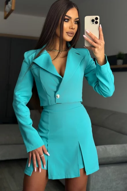 Compleu de Dama, din Doua Piese, Sacou Scurt si Fusta-Pantalon, Layla, Turqoise