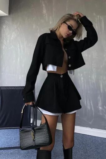 Compleu de Dama, din Doua Piese, Sacou si Fusta Pantalon cu Poplin Alb, Selecta, Alb-Negru