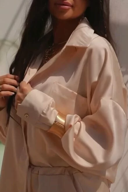 Compleu de Dama, din Doua Piese, Tesatura Satin, Pantalon si Camasa Oversize, Dougllance, Bej Nude