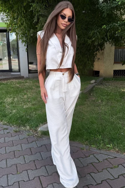 Compleu de Dama, din Doua Piese, Tesatura Tip In, Vesta si Pantalon Lejer cu Buzunare, Coppa, Alb