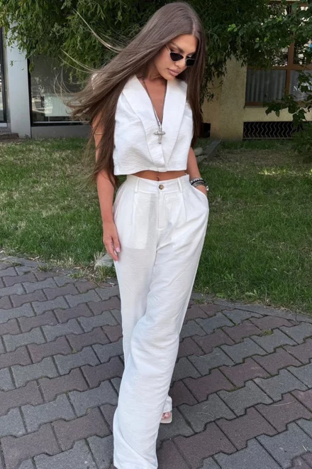 Compleu de Dama, din Doua Piese, Tesatura Tip In, Vesta si Pantalon Lejer cu Buzunare, Coppa, Alb