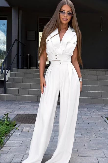 Compleu de Dama, din Doua Piese, Tesatura Tip In, Vesta si Pantalon Lejer cu Buzunare, Coppa, Alb