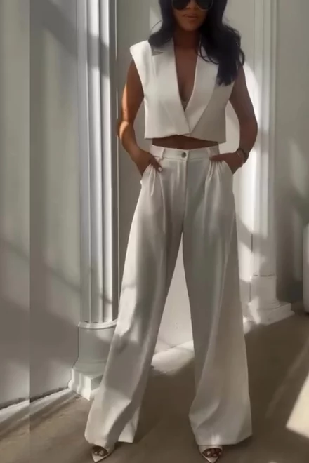 Compleu de Dama, din Doua Piese, Tesatura Tip In, Vesta si Pantalon Lejer cu Buzunare, Suenios, Ivoire