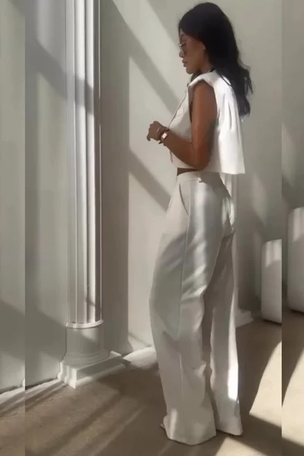 Compleu de Dama, din Doua Piese, Tesatura Tip In, Vesta si Pantalon Lejer cu Buzunare, Suenios, Ivoire