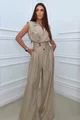 Compleu de Dama, din Doua Piese, Tesatura Tip In, Vesta si Pantalon Lejer, Merengue, Capuccino