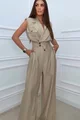Compleu de Dama, din Doua Piese, Tesatura Tip In, Vesta si Pantalon Lejer, Merengue, Capuccino