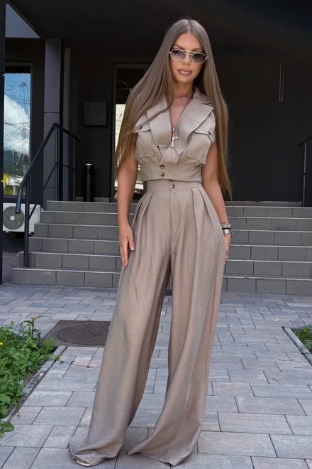 Compleu de Dama, din Doua Piese, Tesatura Tip In, Vesta si Pantalon Lejer, Merengue, Capuccino