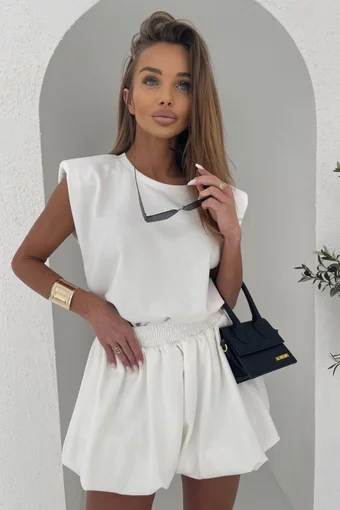 Compleu de Dama, din Doua Piese, Top cu Maneci Decorative, si Fusta Gogosar, Consuello, Alb