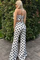 Compleu de Dama, din Doua Piese, Top cu Siret Reglabil si Pantalon Evazat cu Talie Inalta, cu Buline, Glossy, Alb