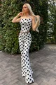 Compleu de Dama, din Doua Piese, Top cu Siret Reglabil si Pantalon Evazat cu Talie Inalta, cu Buline, Glossy, Alb