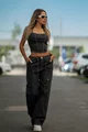 Compleu de Dama, din Doua Piese, Top cu Siret Reglabil si Pantalon Lejer cu Buzare, Elery, Negru