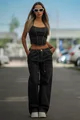 Compleu de Dama, din Doua Piese, Top cu Siret Reglabil si Pantalon Lejer cu Buzare, Elery, Negru