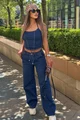Compleu de Dama, din Doua Piese, Top cu Siret Reglabil si Pantalon Lejer cu Buzare,   Heidy , Albastru