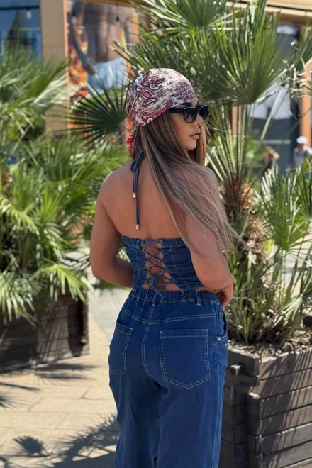 Compleu de Dama, din Doua Piese, Top cu Siret Reglabil si Pantalon Lejer cu Buzare,   Heidy , Albastru