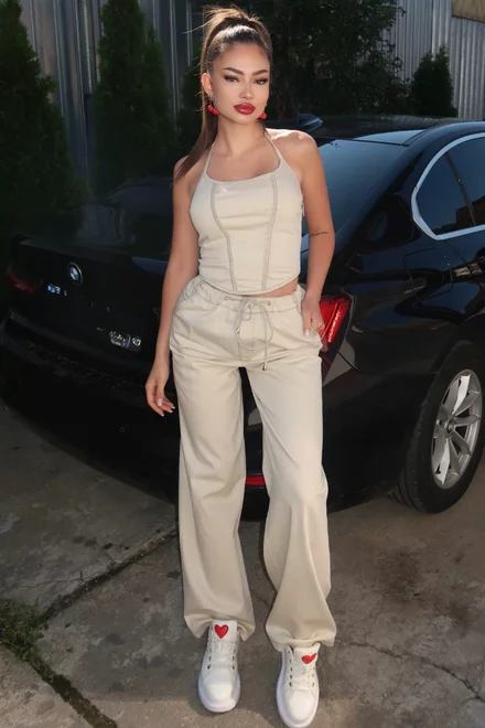 Compleu de Dama, din Doua Piese, Top cu Siret Reglabil si Pantalon Lejer cu Buzare, Myray, Bej