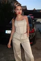Compleu de Dama, din Doua Piese, Top cu Siret Reglabil si Pantalon Lejer cu Buzare, Myray, Bej