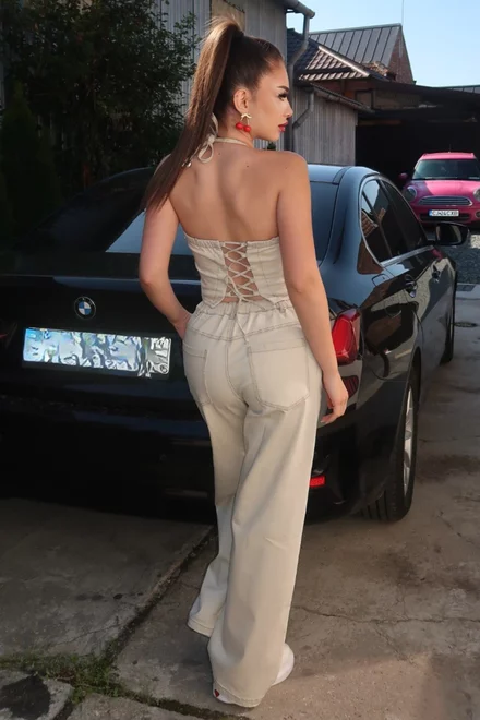 Compleu de Dama, din Doua Piese, Top cu Siret Reglabil si Pantalon Lejer cu Buzare, Myray, Bej