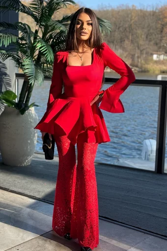 Compleu de Dama, din Doua Piese ,Top din Bistrech si Pantaloni din Dantela, Festiva, Rosu