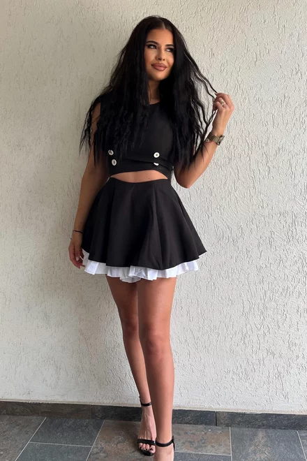 Compleu de Dama, din Doua Piese, Top fara Maneci la Baza Gatului si Fusta Pantalon, Klein, Negru