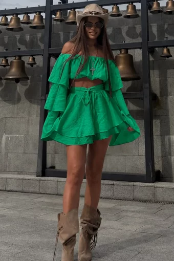  Compleu de Dama, din Doua Piese, Top Scurt si Fusta Pantalon, din Tesatura Tip In, Leyla, Verde