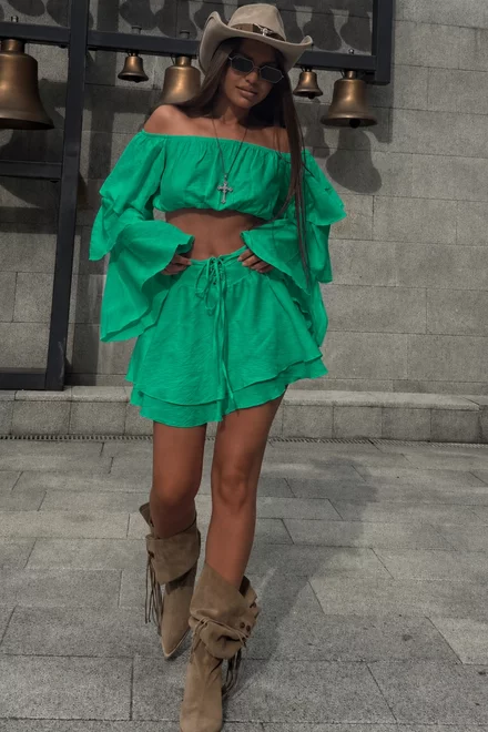  Compleu de Dama, din Doua Piese, Top Scurt si Fusta Pantalon, din Tesatura Tip In, Leyla, Verde