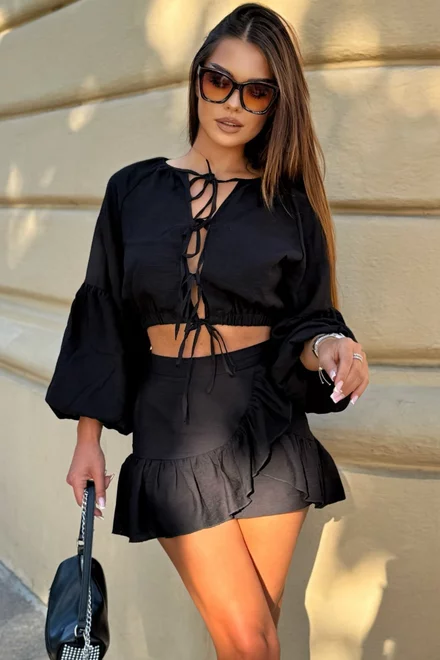 Compleu de Dama, din Doua piese, Top si Fusta din Tesatura Tip In, Maldivve, Negru