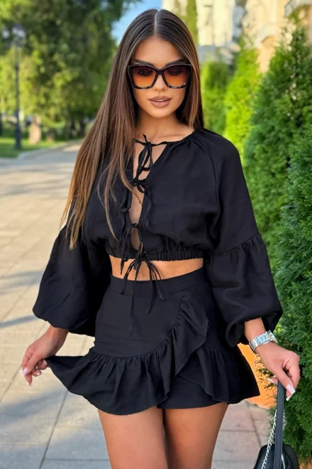 Compleu de Dama, din Doua piese, Top si Fusta din Tesatura Tip In, Maldivve, Negru