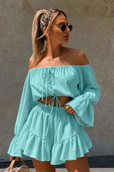 Compleu de Dama, din Doua Piese, Top si Fusta Pantalon din Tesatura Tip In, Cannara, Aqua