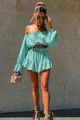 Compleu de Dama, din Doua Piese, Top si Fusta Pantalon din Tesatura Tip In, Cannara, Aqua