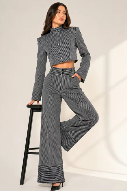 Compleu de Dama, din Doua Piese, Top si Pantalon cu Tiv Dublu, Mayorka, Alb-Negru