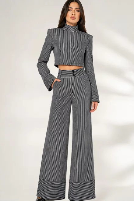 Compleu de Dama, din Doua Piese, Top si Pantalon cu Tiv Dublu, Mayorka, Alb-Negru