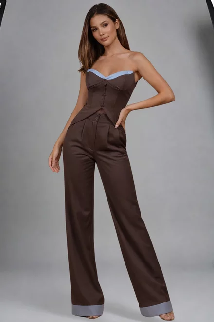 Compleu de Dama, din Doua Piese, Top si Pantalon din Bistrech, Chokotoffe, Maro