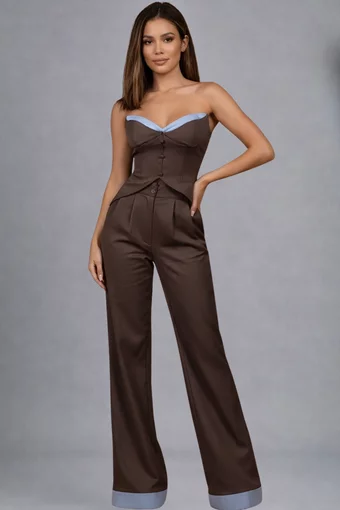 Compleu de Dama, din Doua Piese, Top si Pantalon din Bistrech, Chokotoffe, Maro