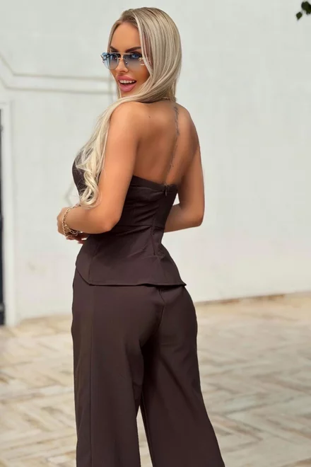 Compleu de Dama, din Doua Piese, Top si Pantalon din Bistrech, Chokotoffe, Maro