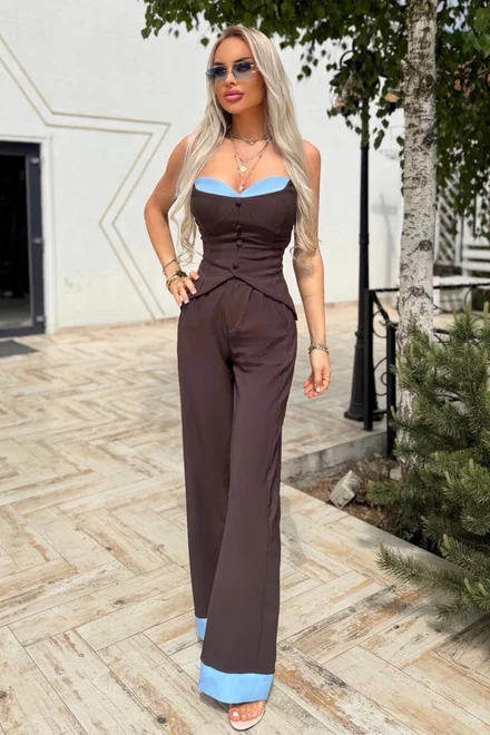 Compleu de Dama, din Doua Piese, Top si Pantalon din Bistrech, Chokotoffe, Maro