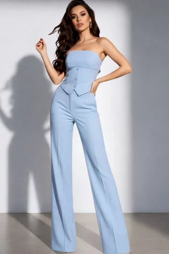 Compleu de Dama, din Doua Piese, Top si Pantalon Lejer din Bistrech, Danbury, Bleu