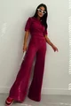 Compleu de Dama, din Doua Piese, Tricou Polo  si Pantalon Evazat cu Tiv Maxi, Desiguan, Burgundy