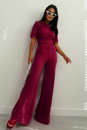 Compleu de Dama, din Doua Piese, Tricou Polo  si Pantalon Evazat cu Tiv Maxi, Desiguan, Burgundy