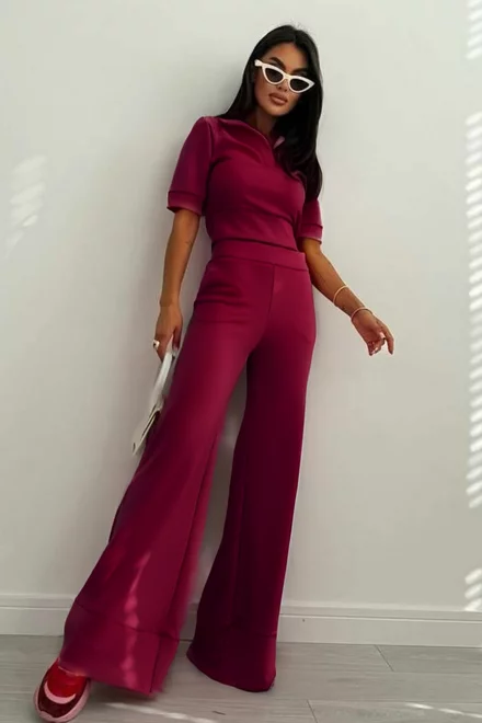 Compleu de Dama, din Doua Piese, Tricou Polo  si Pantalon Evazat cu Tiv Maxi, Desiguan, Burgundy