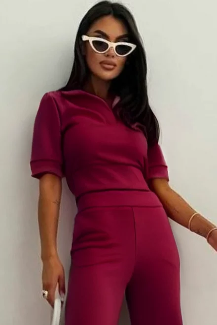 Compleu de Dama, din Doua Piese, Tricou Polo  si Pantalon Evazat cu Tiv Maxi, Desiguan, Burgundy