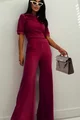 Compleu de Dama, din Doua Piese, Tricou Polo  si Pantalon Evazat cu Tiv Maxi, Desiguan, Burgundy