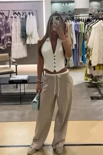 Compleu de Dama, din Doua Piese, Vesta si Pantaloni Lejeri cu Betelie Dublata, Olympea, Alb-Bej