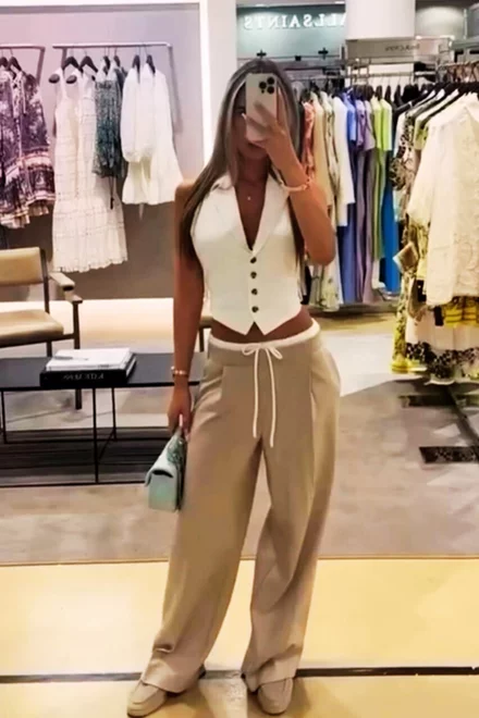 Compleu de Dama, din Doua Piese, Vesta si Pantaloni Lejeri cu Betelie Dublata, Olympea, Alb-Bej
