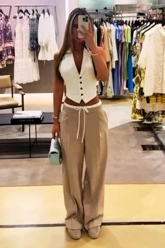 Compleu de Dama, din Doua Piese, Vesta si Pantaloni Lejeri cu Betelie Dublata, Olympea, Alb-Bej